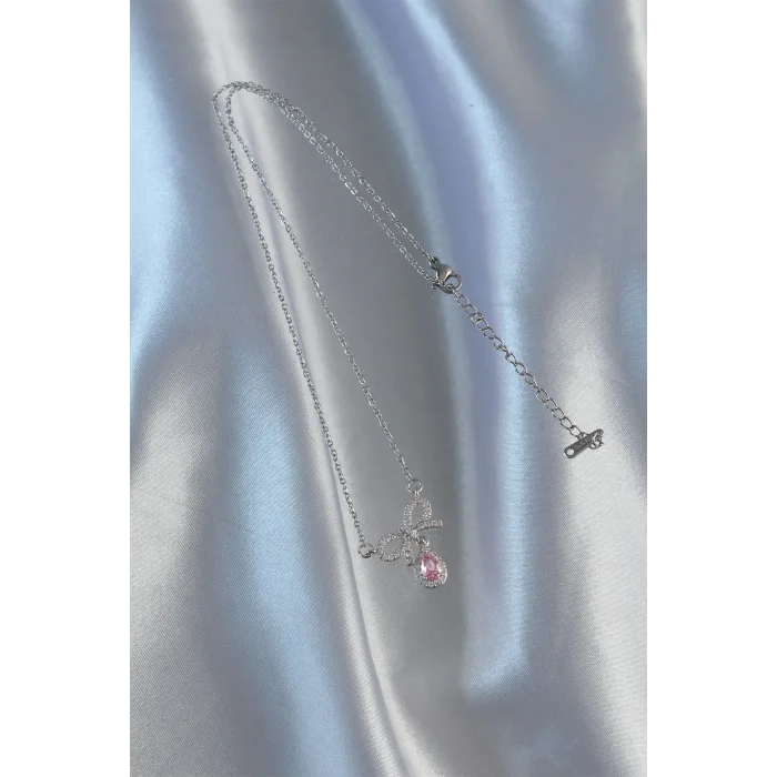 BUĞZ 316L Çelik Gümüş Renk Pembe Zirkon Taşlı Damla Kolye - Lisinya
