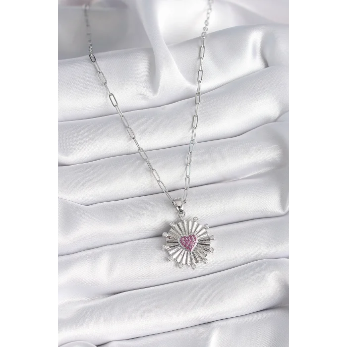BUĞZ 316L Çelik Gümüş Renk Pembe Zirkon Taşlı Kalp İşleme Madalyon Model Kadın Kolye