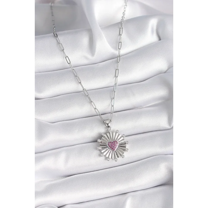 BUĞZ 316L Çelik Gümüş Renk Pembe Zirkon Taşlı Kalp İşleme Madalyon Model Kadın Kolye - BUĞZ