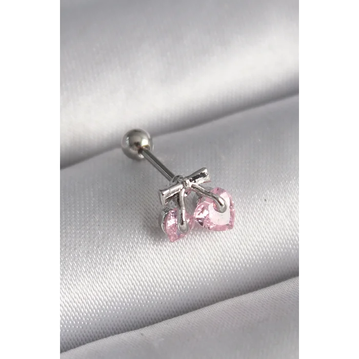 BUĞZ 316L Çelik Gümüş Renk Pembe Zirkon Taşlı Kalp Tragus Piercing