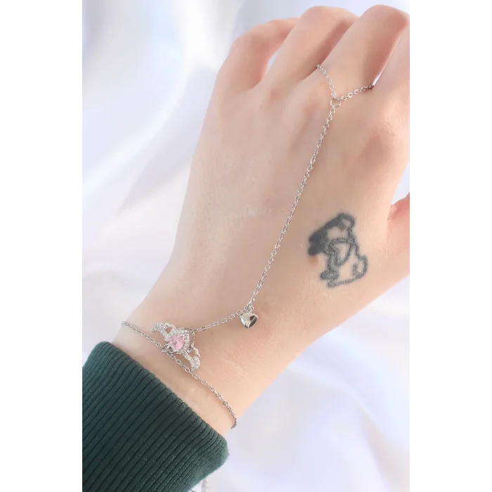 BUĞZ 316L Çelik Gümüş Renk Pembe Zirkon Taşlı Kanatlı Kalp Model Şahmeran - Lisinya