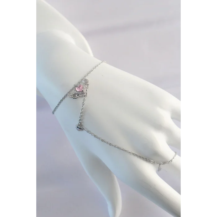 BUĞZ 316L Çelik Gümüş Renk Pembe Zirkon Taşlı Kanatlı Kalp Model Şahmeran - Lisinya