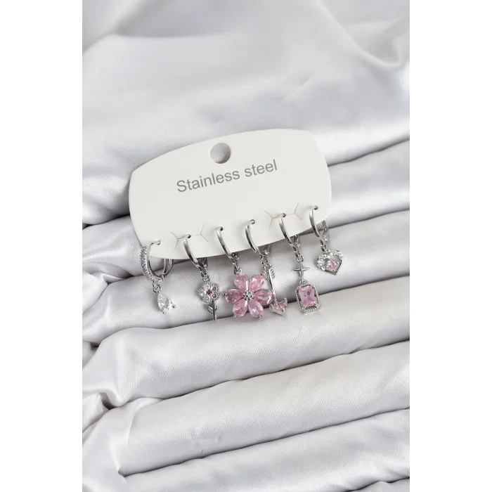 BUĞZ 316L Çelik Gümüş Renk Pembe Zirkon Taşlı Lotus Detaylı Kadın Küpe Seti