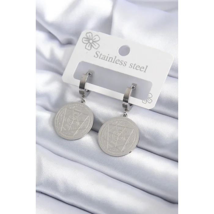 BUĞZ 316L Çelik Gümüş Renk Pentagram İşleme Model Kadın Küpe