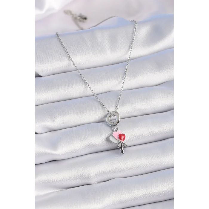 BUĞZ 316L Çelik Gümüş Renk Renkli Kalp Figür Charm Model Kadın Kolye