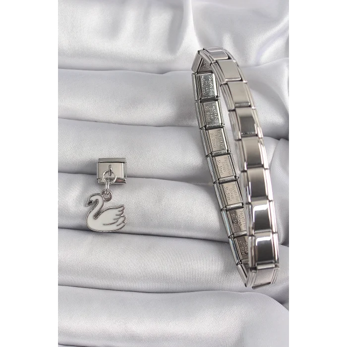 BUĞZ 316L Çelik Gümüş Renk Sallantı Beyaz Kuğu Model Nomination Charm