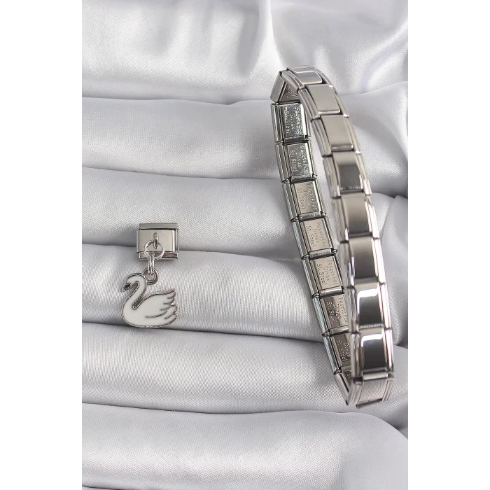 BUĞZ 316L Çelik Gümüş Renk Sallantı Beyaz Kuğu Model Nomination Charm - Lisinya