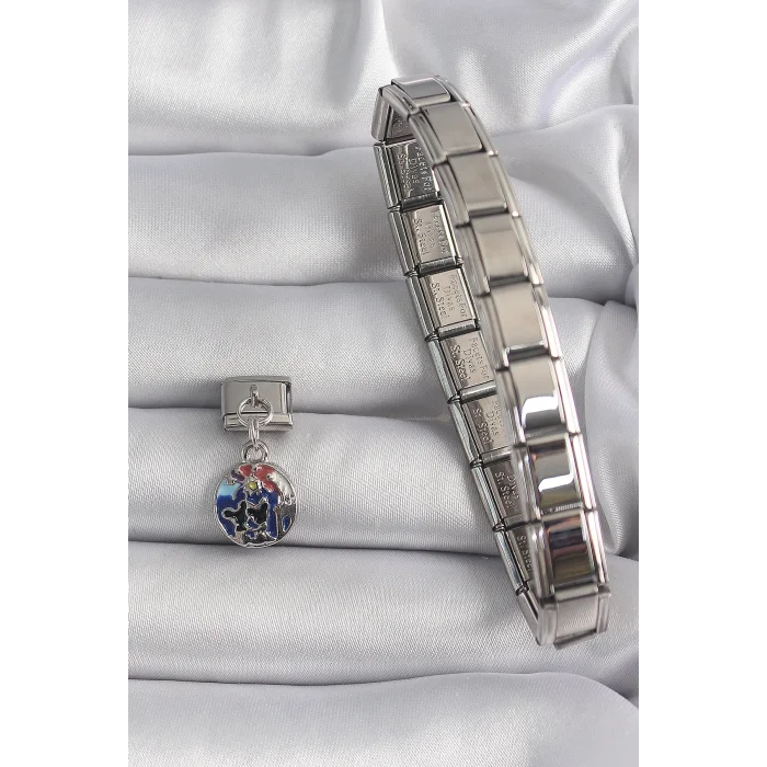 BUĞZ 316L Çelik Gümüş Renk Sallantı Dünya Model Nomination Charm