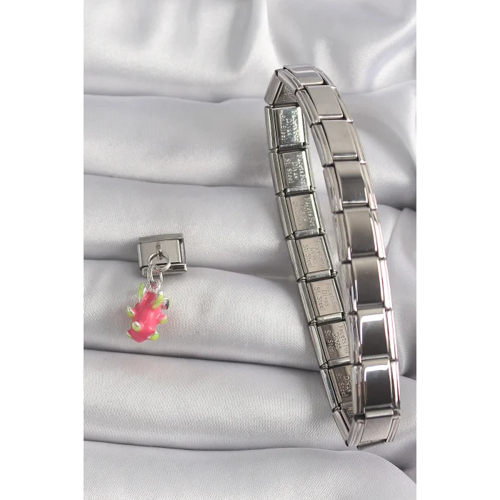 BUĞZ 316L Çelik Gümüş Renk Sallantı Ejder Meyvesi Model Nomination Charm - Lisinya