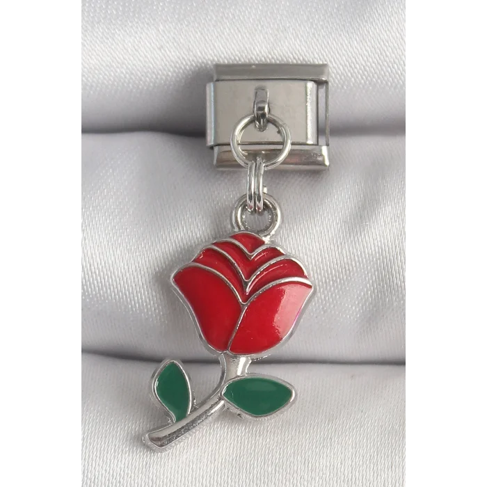 BUĞZ 316L Çelik Gümüş Renk Sallantı Kırmızı Gül Model Nomination Charm