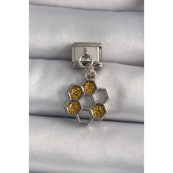 BUĞZ 316L Çelik Gümüş Renk Sallantı Simli Bal Beteği Model Nomination Charm