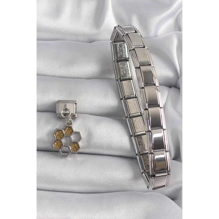 BUĞZ 316L Çelik Gümüş Renk Sallantı Simli Bal Beteği Model Nomination Charm