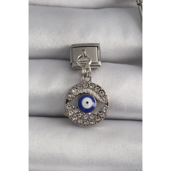 BUĞZ 316L Çelik Gümüş Renk Sallantı Zirkon Taşlı Göz Model Nazar Boncuk Detay Nomination Charm
