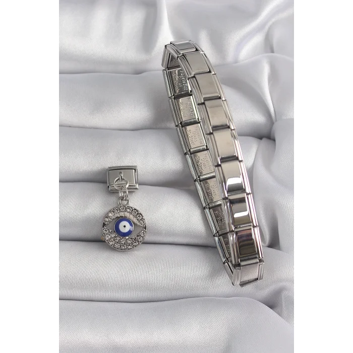 BUĞZ 316L Çelik Gümüş Renk Sallantı Zirkon Taşlı Göz Model Nazar Boncuk Detay Nomination Charm