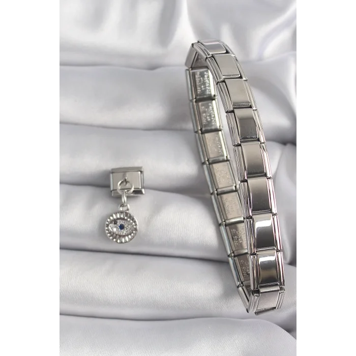 BUĞZ 316L Çelik Gümüş Renk Sallantı Zirkon Taşlı Göz Model Nomination Charm