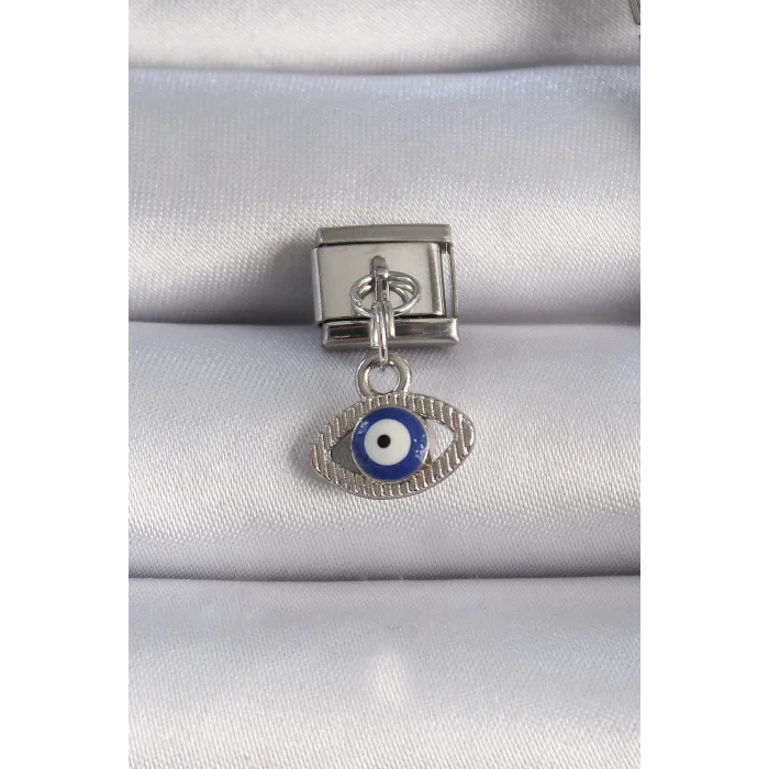 BUĞZ 316L Çelik Gümüş Renk Sallantılı Göz Figür Nazar Boncuk Detay Nomination Charm