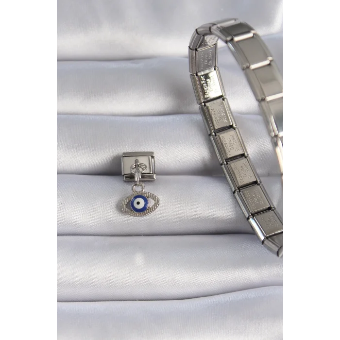 BUĞZ 316L Çelik Gümüş Renk Sallantılı Göz Figür Nazar Boncuk Detay Nomination Charm - Lisinya