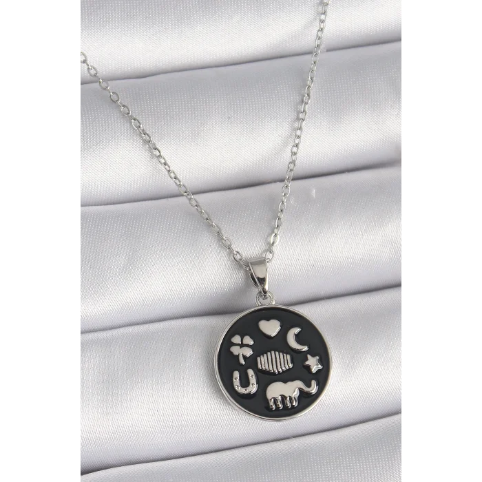 BUĞZ 316L Çelik Gümüş Renk Siyah Renk Şans Kolyesi