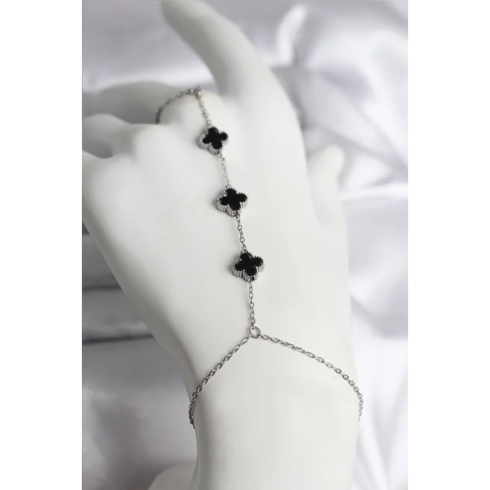 BUĞZ 316L Çelik Gümüş Renk Siyah Yonca Model Kadın Şahmeran