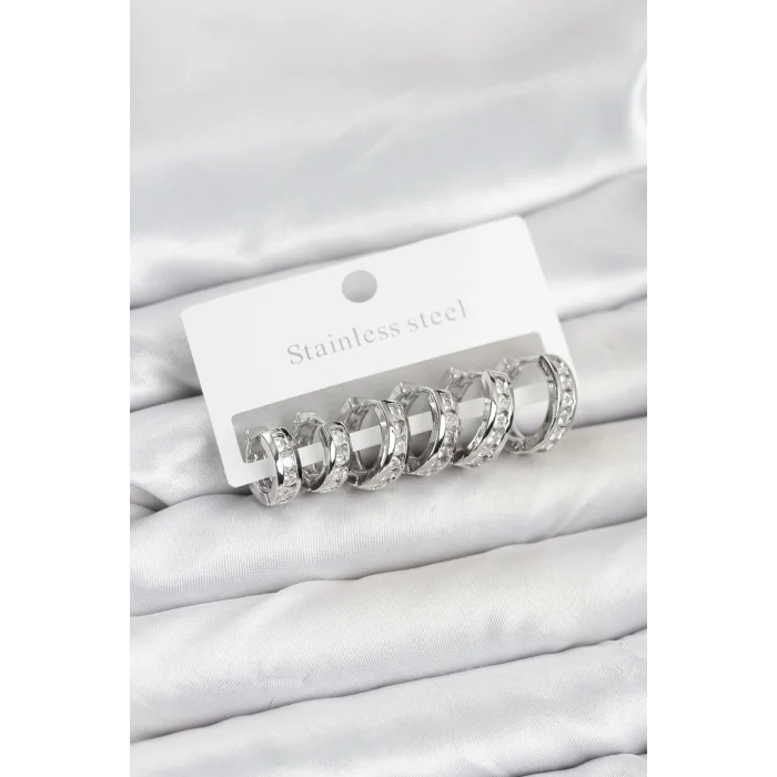 BUĞZ 316L Çelik Gümüş Renk Su Yolu Halka Küpe Seti