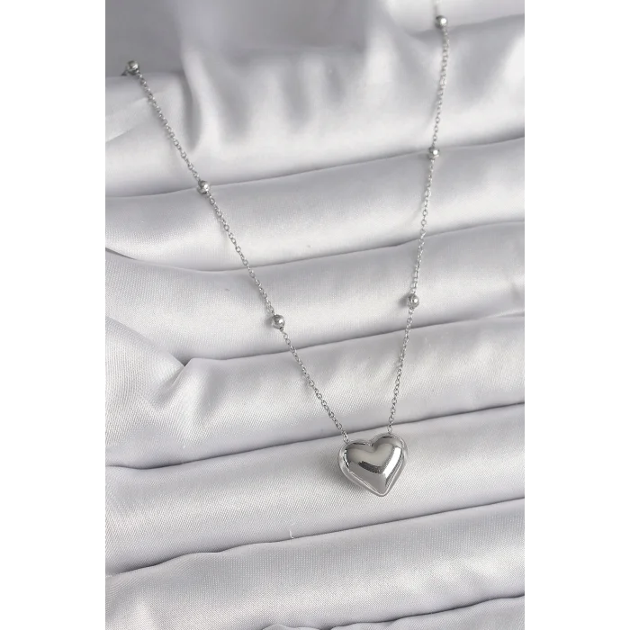 BUĞZ 316L Çelik Gümüş Renk Topçuk Detay Zincir Kalp Model Kadın Kolye - BUĞZ