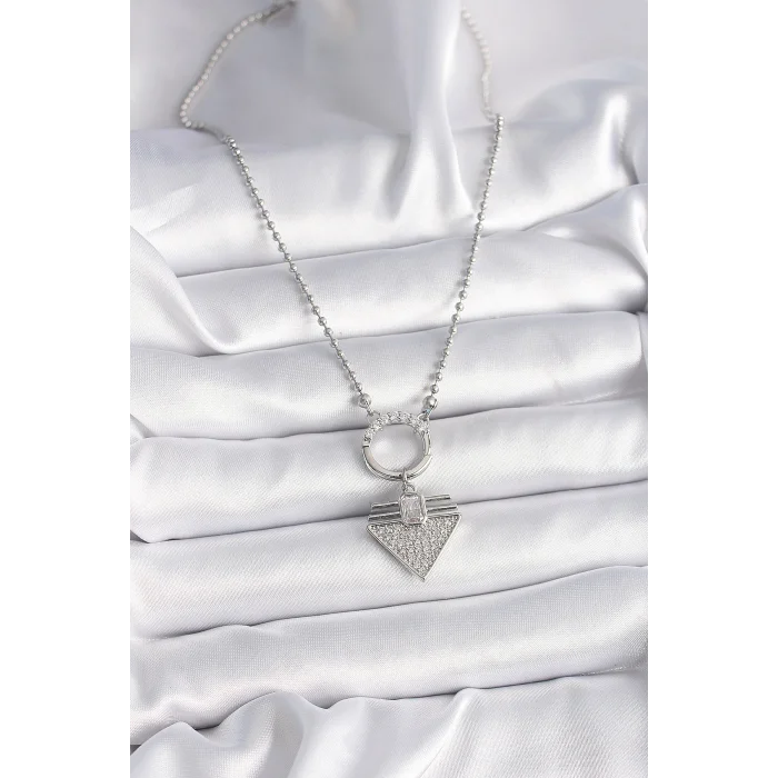 BUĞZ 316L Çelik Gümüş Renk Topçuk Zincir Zirkon Taşlı Üçgen Model Kadın Kolye - BUĞZ