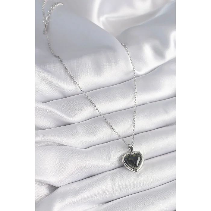 BUĞZ 316L Çelik Gümüş Renk Yeşil Mineli Kalp Model Kadın Kolye