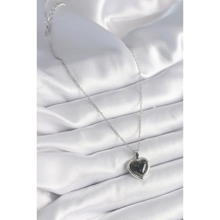 BUĞZ 316L Çelik Gümüş Renk Yeşil Mineli Kalp Model Kadın Kolye - BUĞZ