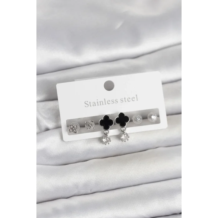 BUĞZ 316L Çelik Gümüş Renk Yonca Detaylı Kadın Küpe Seti