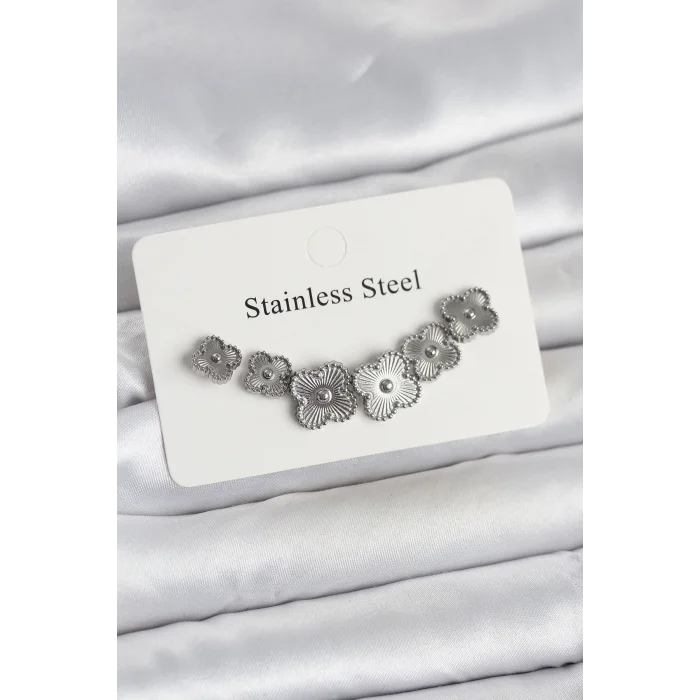 BUĞZ 316L Çelik Gümüş Renk Yonca Küpe Seti