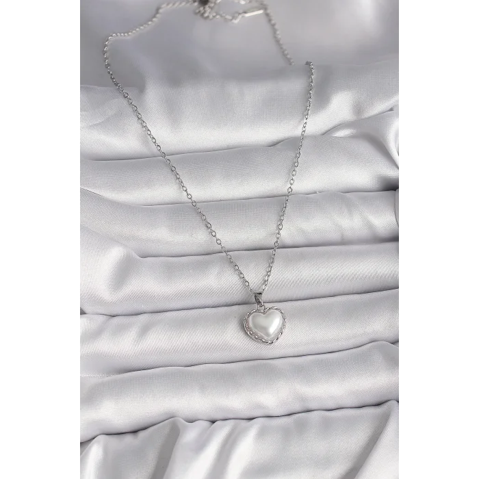 BUĞZ 316L Çelik Gümüş Renk Zincir 3D İnci Kalp Model Kadın Kolye