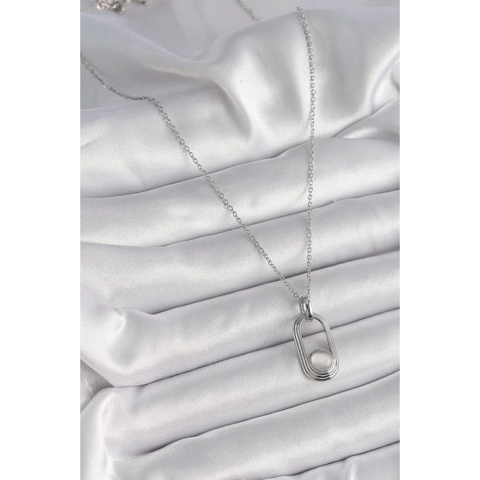 BUĞZ 316L Çelik Gümüş Renk Zincir Beyaz Kedi Göz Model Kadın Kolye - Lisinya