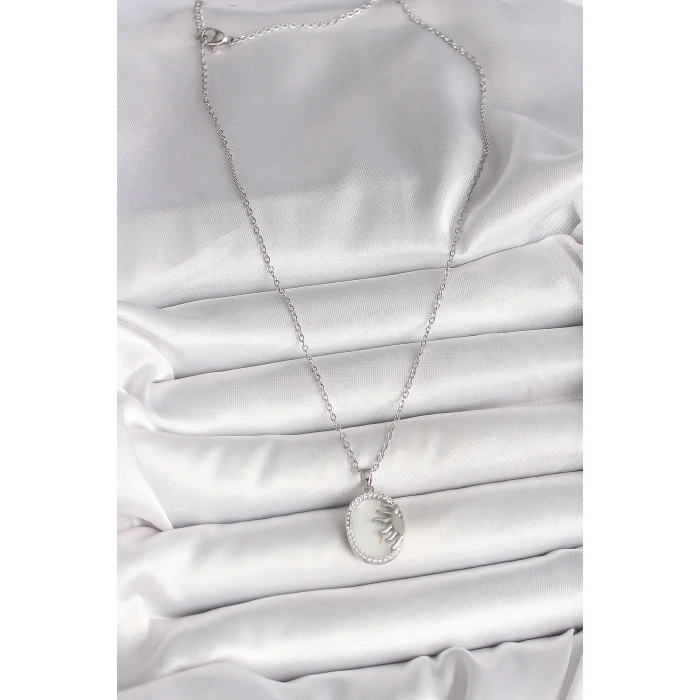 BUĞZ 316L Çelik Gümüş Renk Zincir Beyaz Mineli Gün Batımı Model Zirkon Taş Detaylı Kadın Kolye
