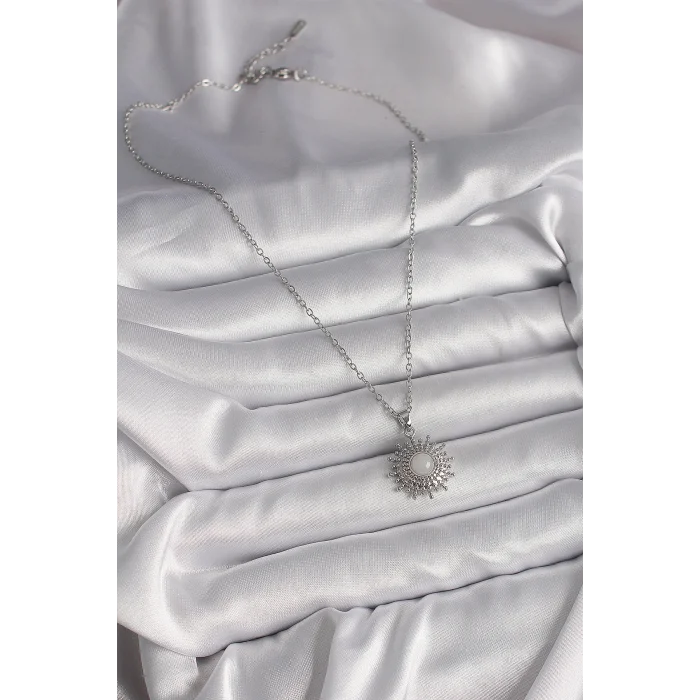 BUĞZ 316L Çelik Gümüş Renk Zincir Beyaz Mineli Güneş Model Kadın Kolye - BUĞZ