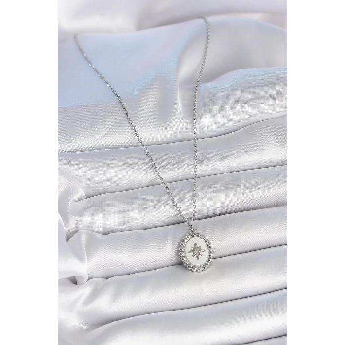 BUĞZ 316L Çelik Gümüş Renk Zincir Beyaz Mineli Kutup Yıldız İşlemeli Madalyon Model Kadın Kolye - Lisinya