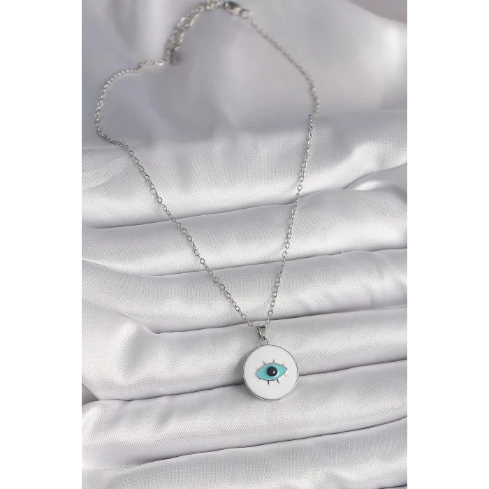 BUĞZ 316L Çelik Gümüş Renk Zincir Beyaz Mineli Turkuaz Göz İşleme Model Kadın Kolye - BUĞZ