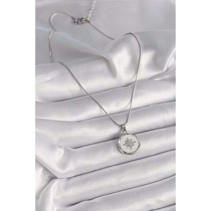 BUĞZ 316L Çelik Gümüş Renk Zincir Beyaz Sedefli Zirkon Taşlı Yıldız İşleme Model Kadın Kolye - Lisinya