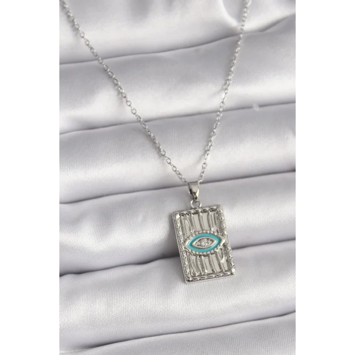 BUĞZ 316L Çelik Gümüş Renk Zincir Göz İşlemeli Madalyon Model Kadın Kolye