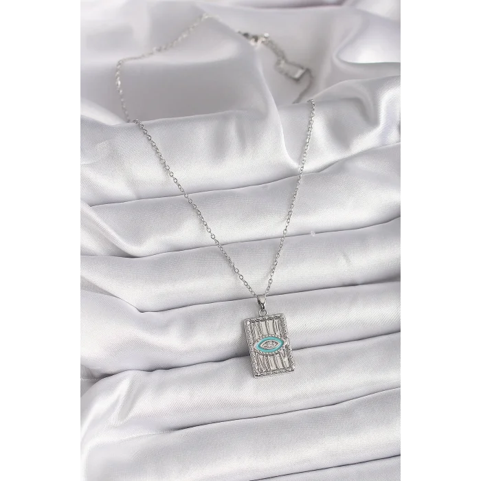 BUĞZ 316L Çelik Gümüş Renk Zincir Göz İşlemeli Madalyon Model Kadın Kolye