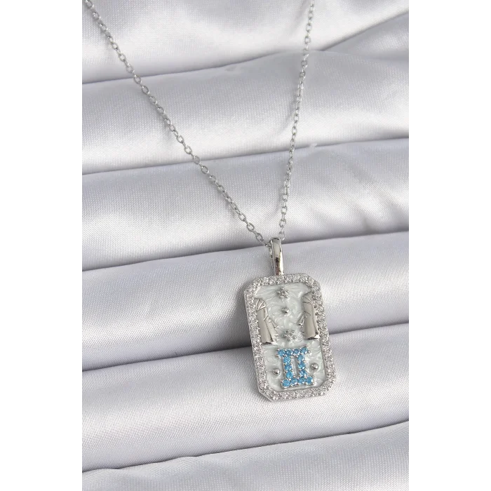 BUĞZ 316L Çelik Gümüş Renk Zincir İkizler Burcu Zirkon Taşlı Kadın Kolye