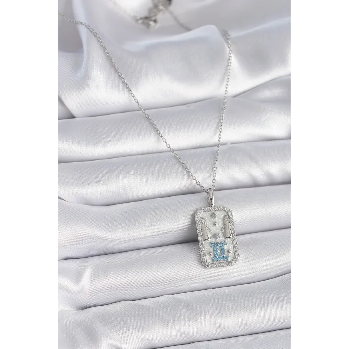 BUĞZ 316L Çelik Gümüş Renk Zincir İkizler Burcu Zirkon Taşlı Kadın Kolye - Lisinya