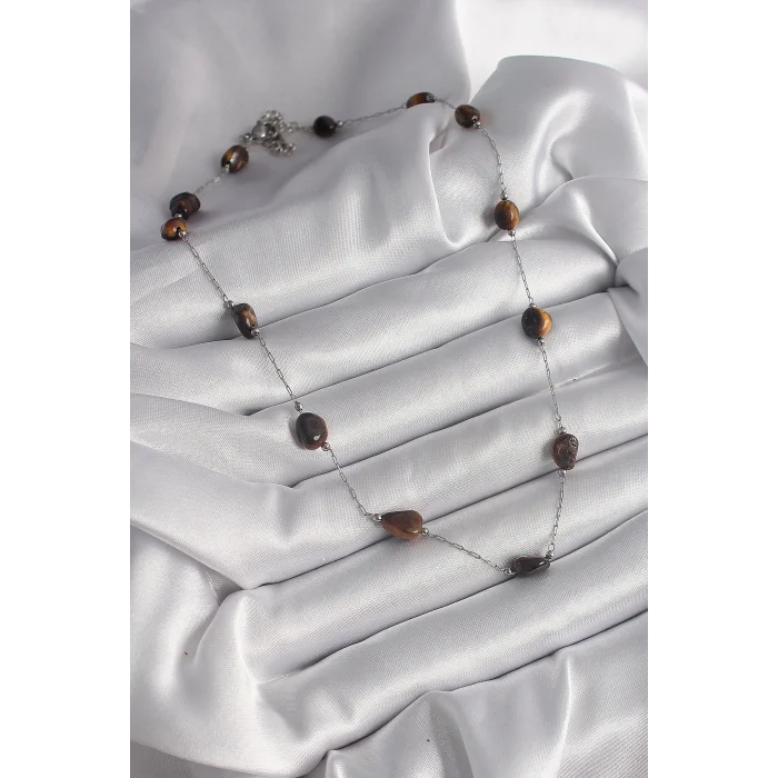 BUĞZ 316L Çelik Gümüş Renk Zincir Kahverengi Doğaltaş Model Kadın Kolye - BUĞZ