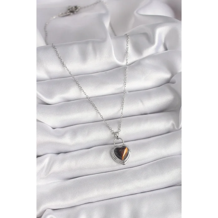 BUĞZ 316L Çelik Gümüş Renk Zincir Kilit Kalp Kehribar Boncuk Model Kadın Kolye
