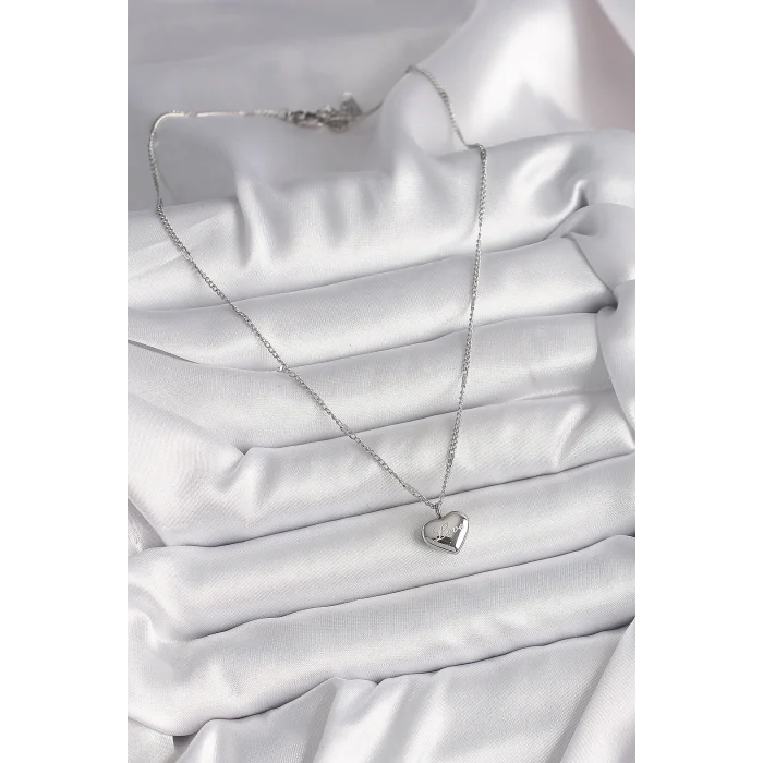 BUĞZ 316L Çelik Gümüş Renk Zincir Love İşleme Kalp Figür Kadın Kolye - BUĞZ