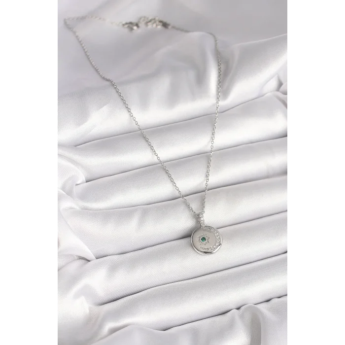 BUĞZ 316L Çelik Gümüş Renk Zincir Madalyon Zirkon Taşlı İşlemeli Hilal Yıldız Model Kadın Kolye