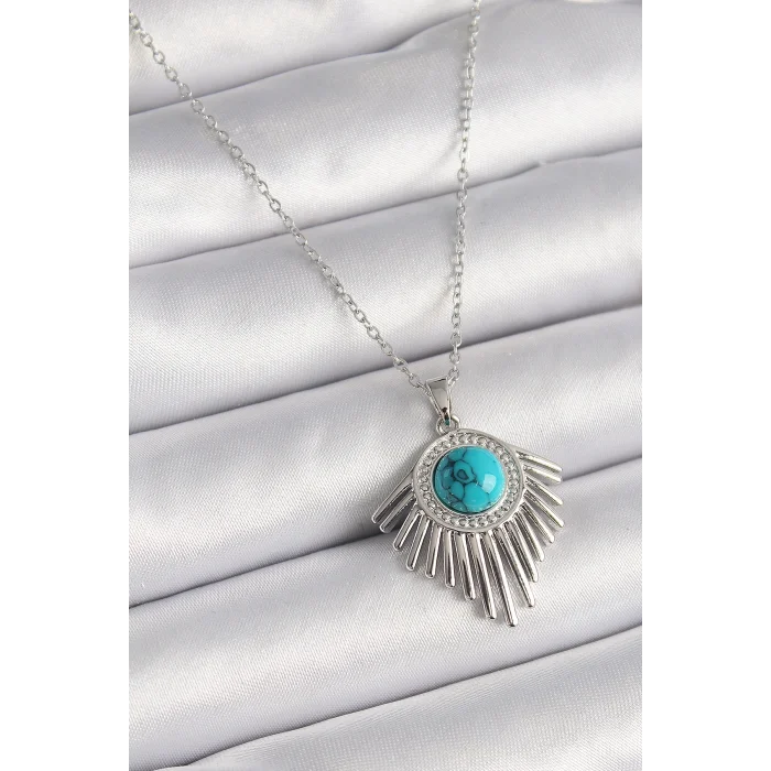 BUĞZ 316L Çelik Gümüş Renk Zincir Mavi Boncuklu Zirkon Taşlı Kadın Kolye