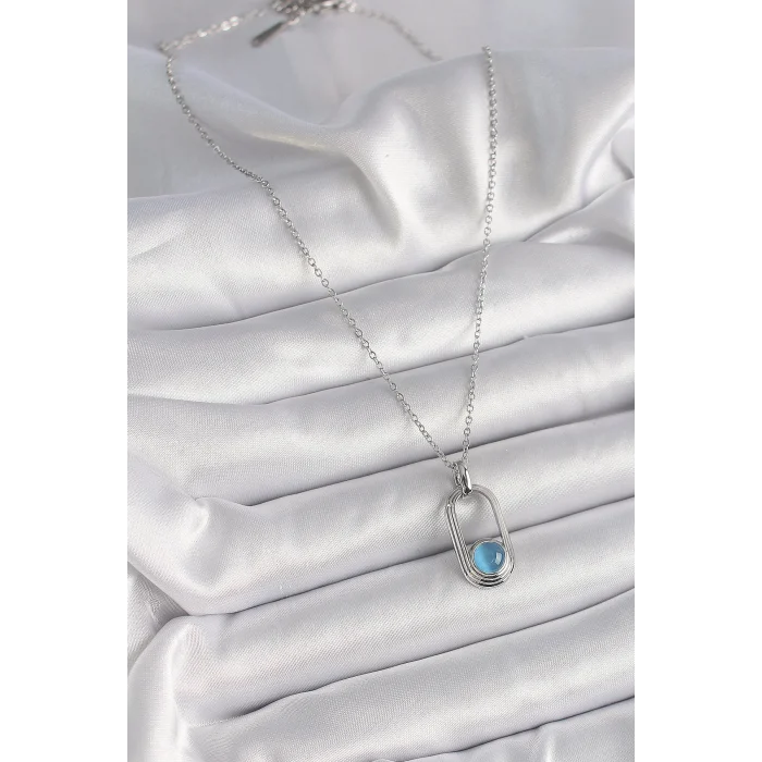 BUĞZ 316L Çelik Gümüş Renk Zincir Mavi Kedi Göz Model Kadın Kolye - Lisinya
