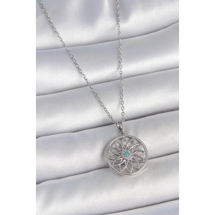 BUĞZ 316L Çelik Gümüş Renk Zincir Mavi Taşlı Lotus Model Kadın Kolye