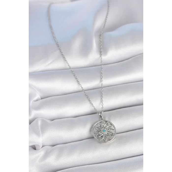 BUĞZ 316L Çelik Gümüş Renk Zincir Mavi Taşlı Lotus Model Kadın Kolye
