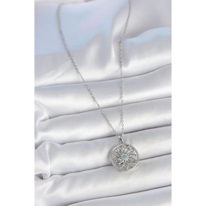 BUĞZ 316L Çelik Gümüş Renk Zincir Mavi Taşlı Lotus Model Kadın Kolye - Lisinya